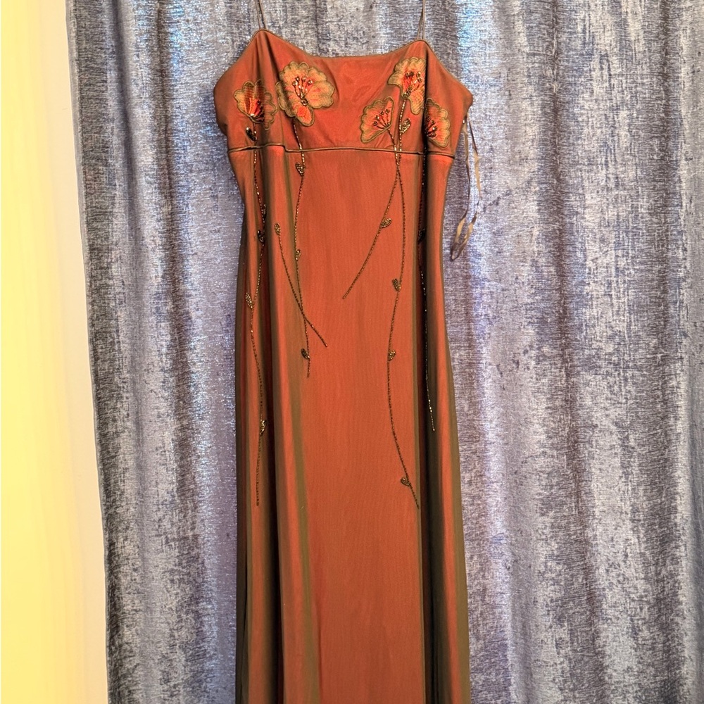 Rimini Elegant Blood Red Slip Maxi Dress with Beaded Floral Accent